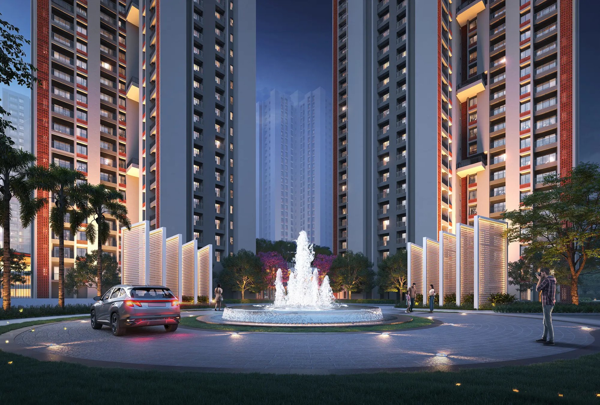 DTC Downtown grand entry fountain with illuminated facade and approach driveway