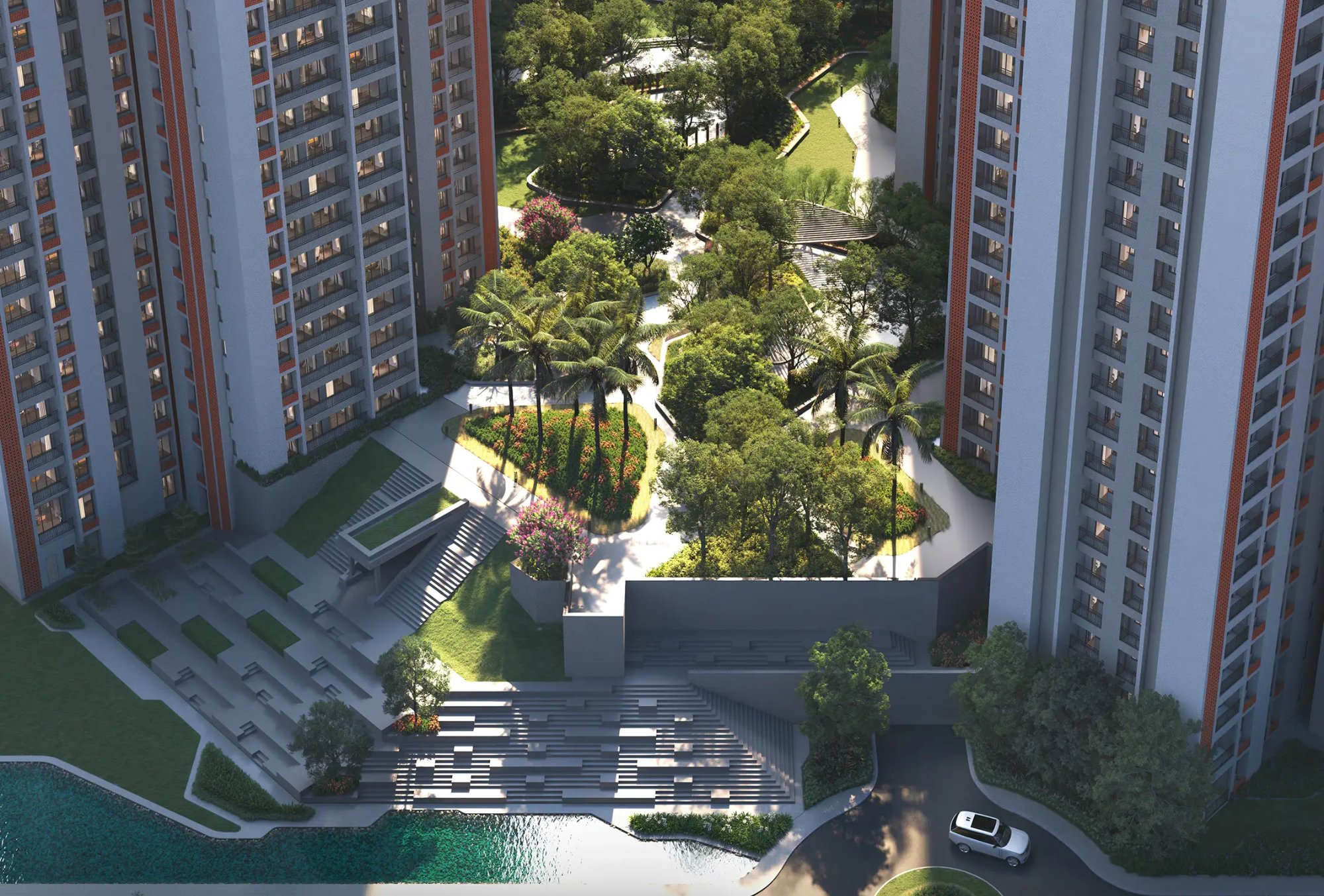 DTC Downtown Rajarhat – aerial view of 100,000 sqft landscaped podium and towers