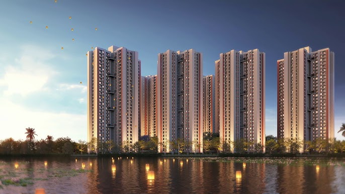 DTC Downtown Rajarhat – 6 towers with water body reflection at golden hour